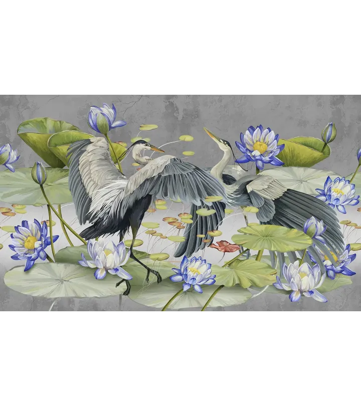 Harmony of Wings – Designer Wallpaper with Herons and Water Lilies