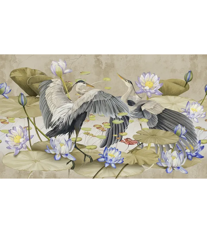 Harmony of Wings – Designer Wallpaper with Herons and Water Lilies