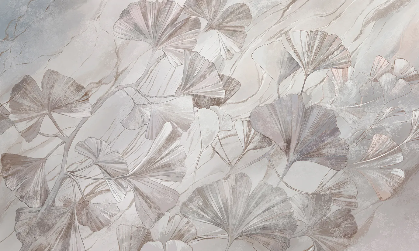 Marble Ginkgo – Designer Wallpaper with Ginkgo Leaves and Marble Texture