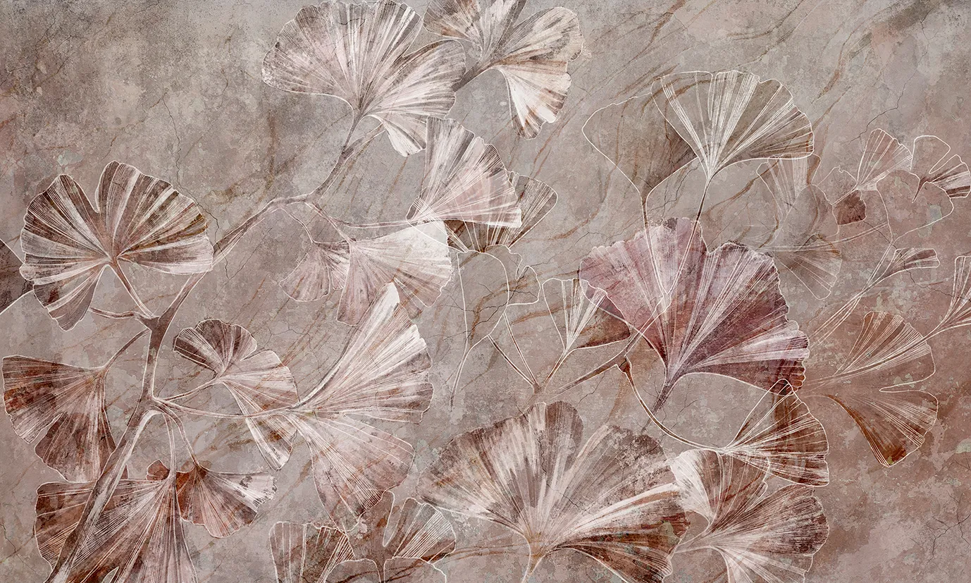 Marble Ginkgo – Designer Wallpaper with Ginkgo Leaves and Marble Texture