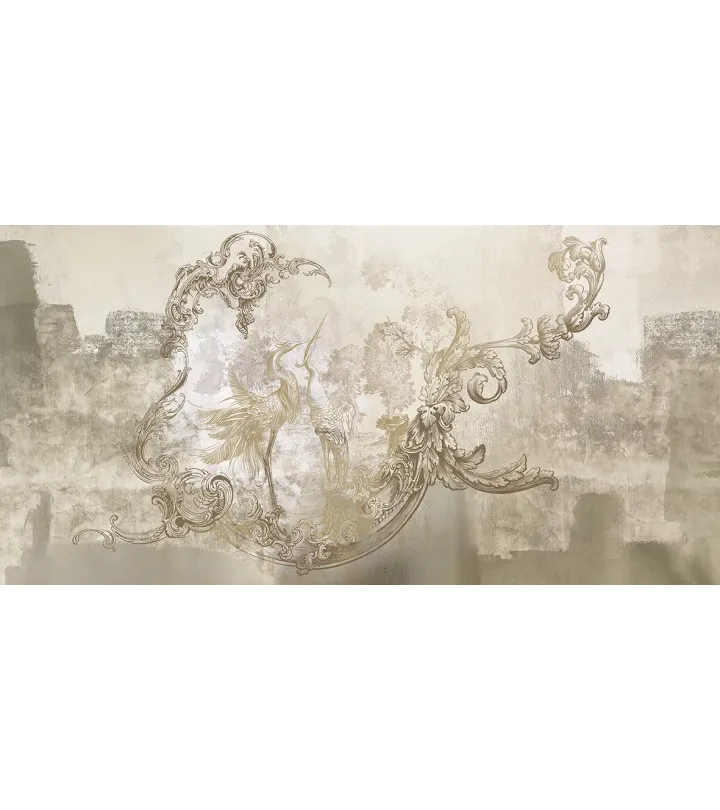 Baroque Flight – Elegant Wallpaper with Herons and Baroque Ornaments