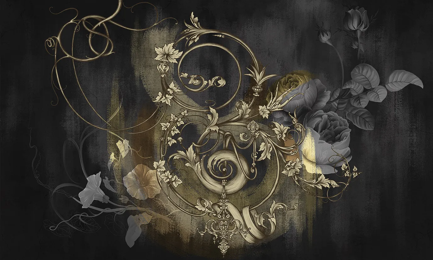 Noir Key – Dramatic Floral & Baroque Wallpaper with Vintage Key Motif
