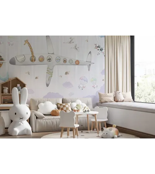 Aereo Kids Wallpaper – Whimsical Animal Airplane Mural for Nursery & Playroom