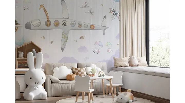 Aereo Kids Wallpaper – Whimsical Animal Airplane Mural for Nursery & Playroom