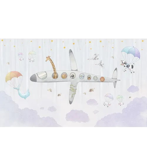 Aereo Kids Wallpaper – Whimsical Animal Airplane Mural for Nursery & Playroom