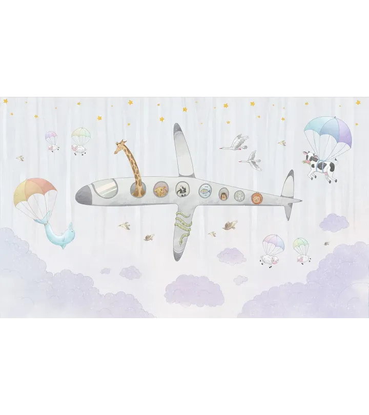 Aereo Kids Wallpaper – Whimsical Animal Airplane Mural for Nursery & Playroom