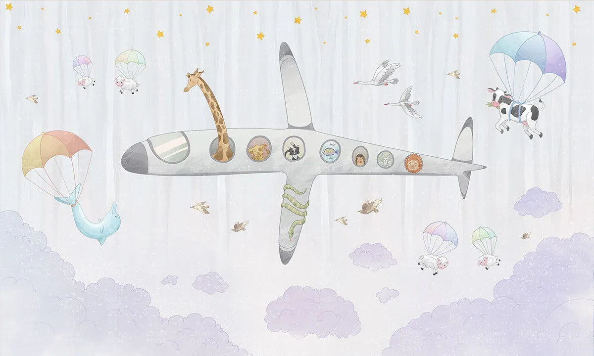 Aereo Kids Wallpaper – Whimsical Animal Airplane Mural for Nursery & Playroom