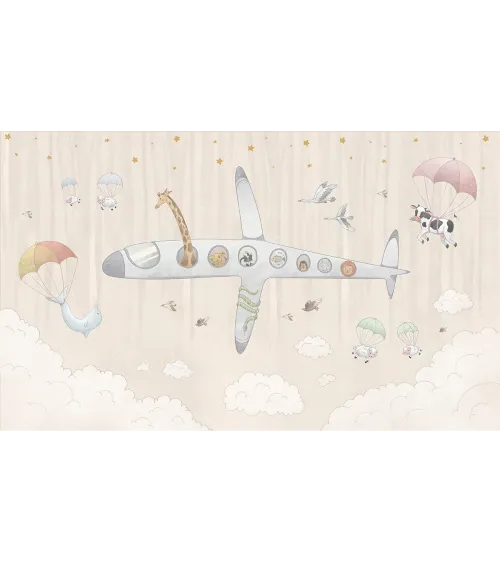 Aereo Kids Wallpaper – Whimsical Animal Airplane Mural for Nursery & Playroom
