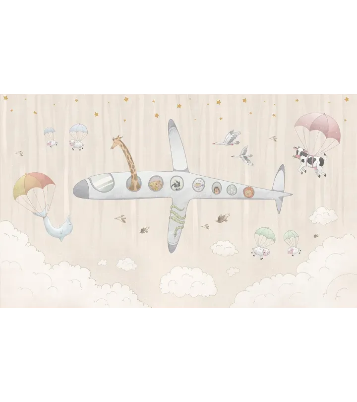 Aereo Kids Wallpaper – Whimsical Animal Airplane Mural for Nursery & Playroom