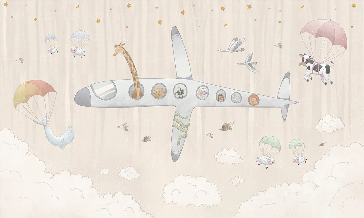 Aereo Kids Wallpaper – Whimsical Animal Airplane Mural for Nursery & Playroom