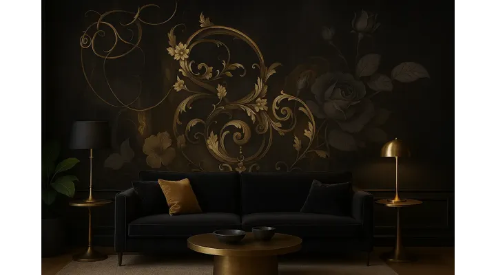 Noir Key – Dramatic Floral & Baroque Wallpaper with Vintage Key Motif