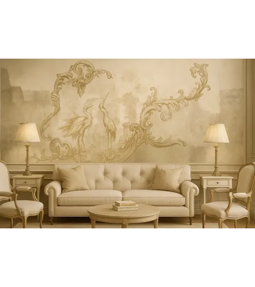 Baroque Flight – Elegant Wallpaper with Herons and Baroque Ornaments