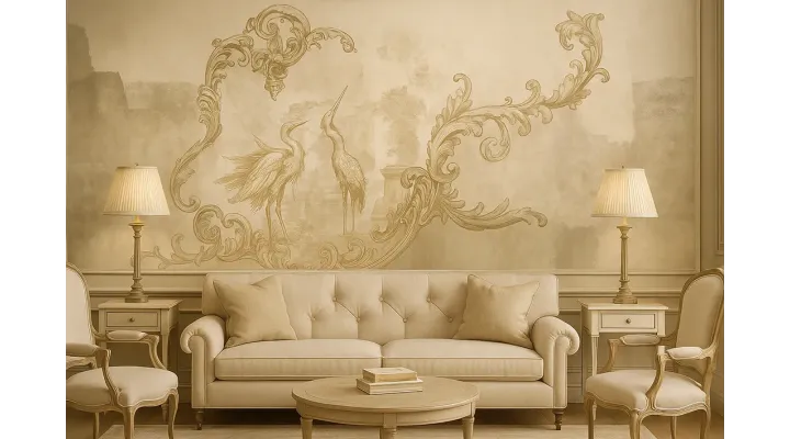 Baroque Flight – Elegant Wallpaper with Herons and Baroque Ornaments
