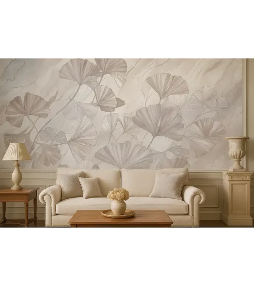 Marble Ginkgo – Designer Wallpaper with Ginkgo Leaves and Marble Texture