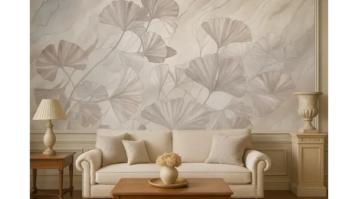 Marble Ginkgo – Designer Wallpaper with Ginkgo Leaves and Marble Texture