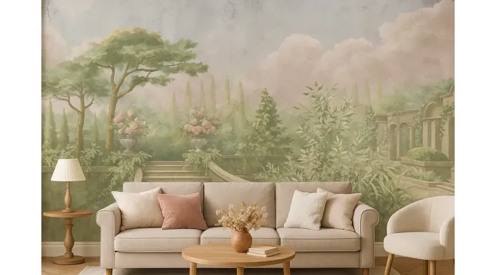 Tuscan Dawn – Panoramic Wallpaper with a Tuscan Garden View | ART VISION DECOR