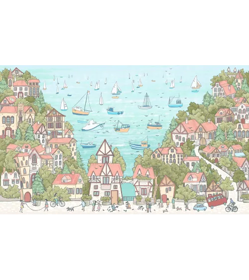 Sailing Town – Kids Wallpaper with Seaside Landscape and Sailboats | Art Vision Decor