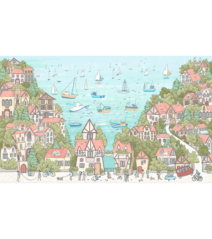 Sailing Town – Kids Wallpaper with Seaside Landscape and Sailboats | Art Vision Decor