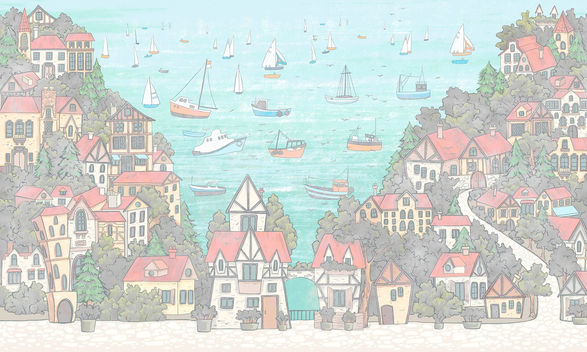 Sailing Town – Kids Wallpaper with Seaside Landscape and Sailboats | Art Vision Decor