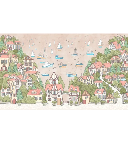 Sailing Town – Kids Wallpaper with Seaside Landscape and Sailboats | Art Vision Decor