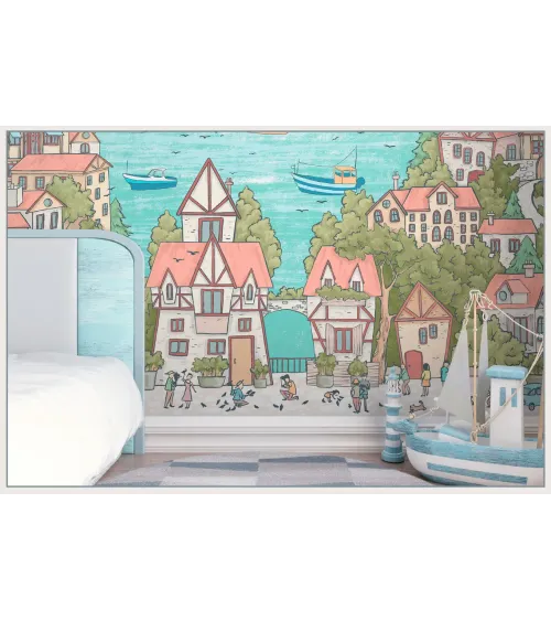 Sailing Town – Kids Wallpaper with Seaside Landscape and Sailboats | Art Vision Decor