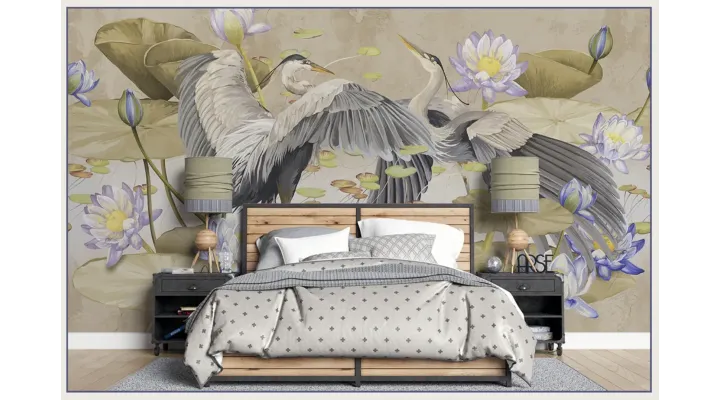 Harmony of Wings – Designer Wallpaper with Herons and Water Lilies