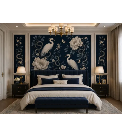 Virelia Luxury Chinoiserie Wallpaper Mural | Custom Navy Blue Heron & Peony Wall Mural