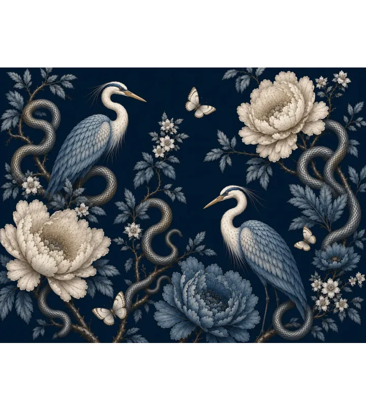 Virelia Luxury Chinoiserie Wallpaper Mural | Custom Navy Blue Heron & Peony Wall Mural