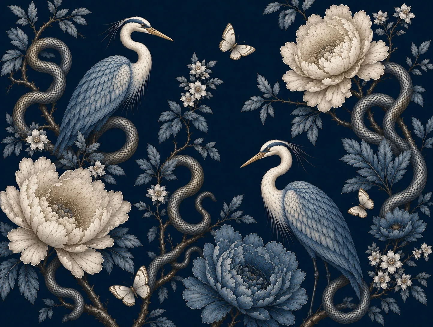 Virelia Luxury Chinoiserie Wallpaper Mural | Custom Navy Blue Heron & Peony Wall Mural