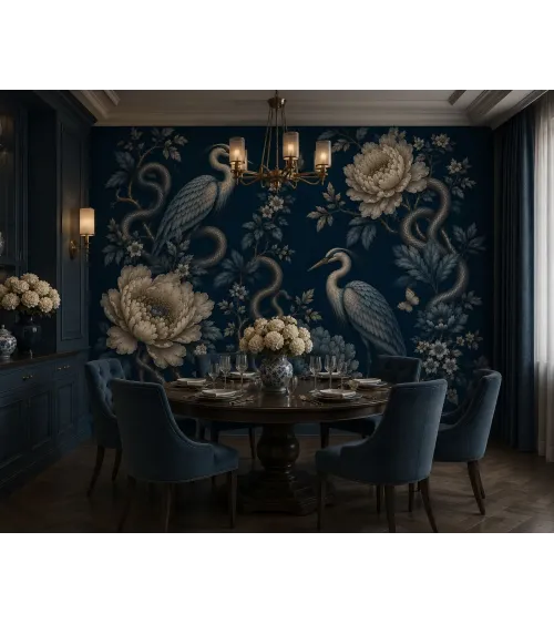Virelia Luxury Chinoiserie Wallpaper Mural | Custom Navy Blue Heron & Peony Wall Mural
