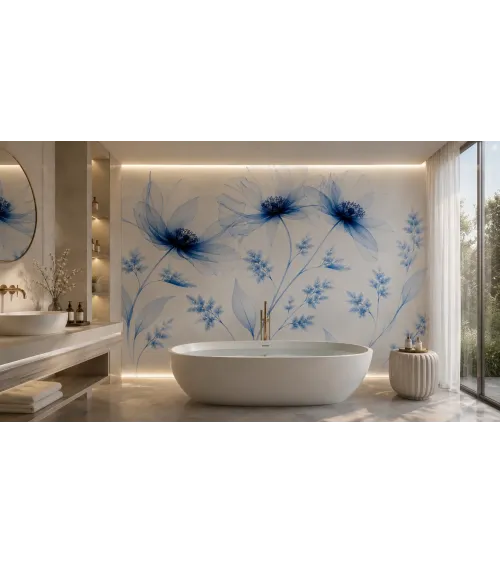 Azure Veil Blue Floral Wallpaper Mural | Elegant Botanical Wall Mural for Luxury Interiors