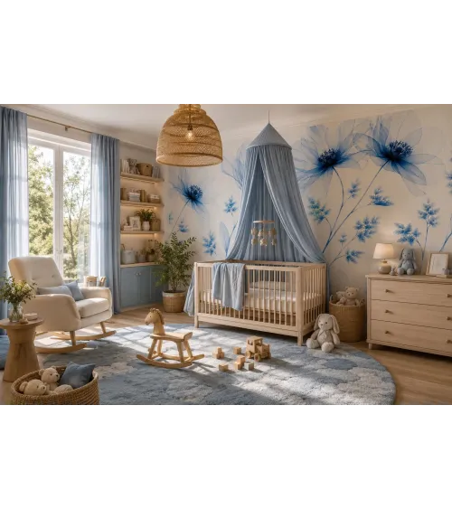 Azure Veil Blue Floral Wallpaper Mural | Elegant Botanical Wall Mural for Luxury Interiors