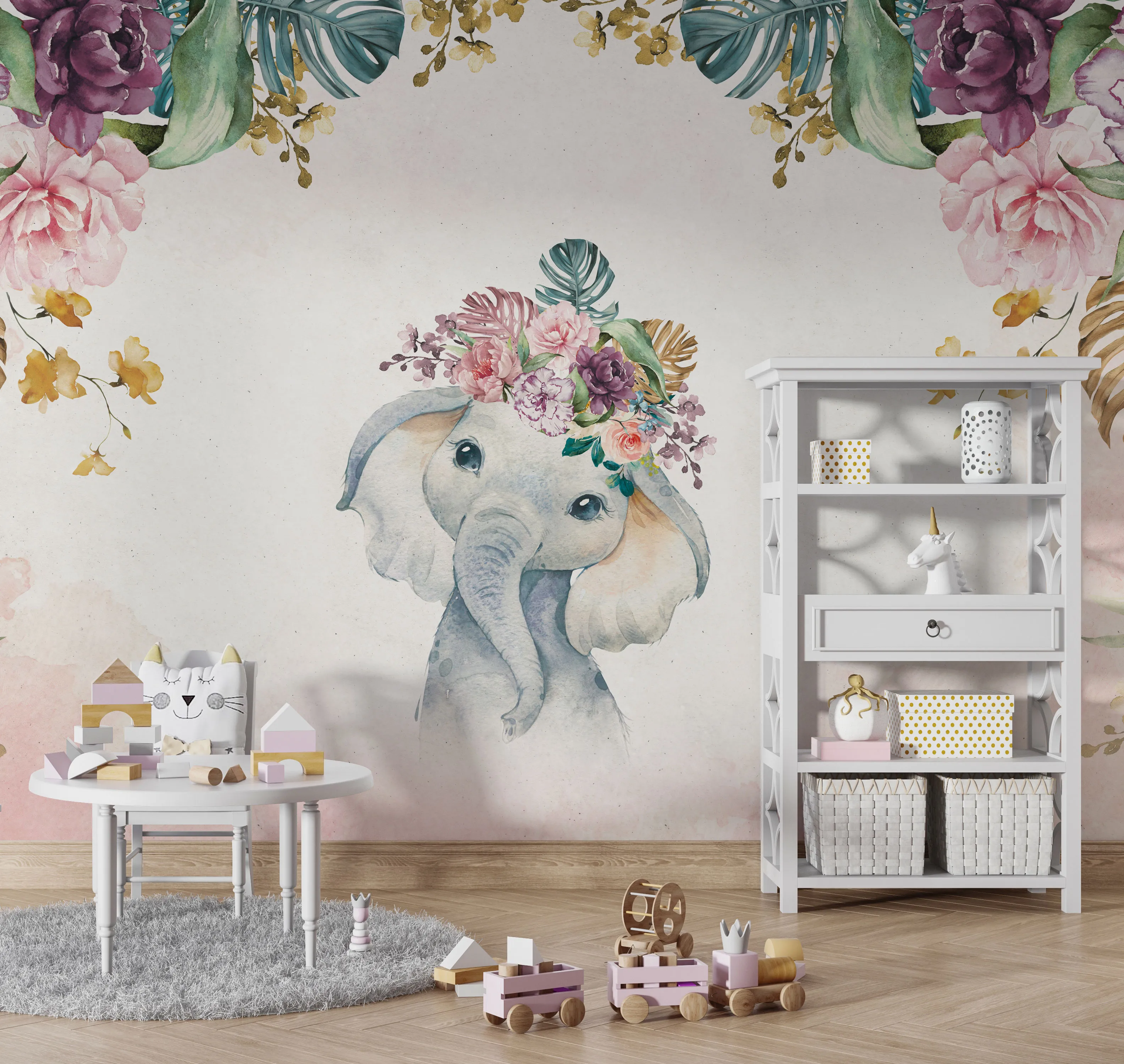 Floral Elephant – Cute Baby Elephant Wallpaper for Kids | Art Vision Decor