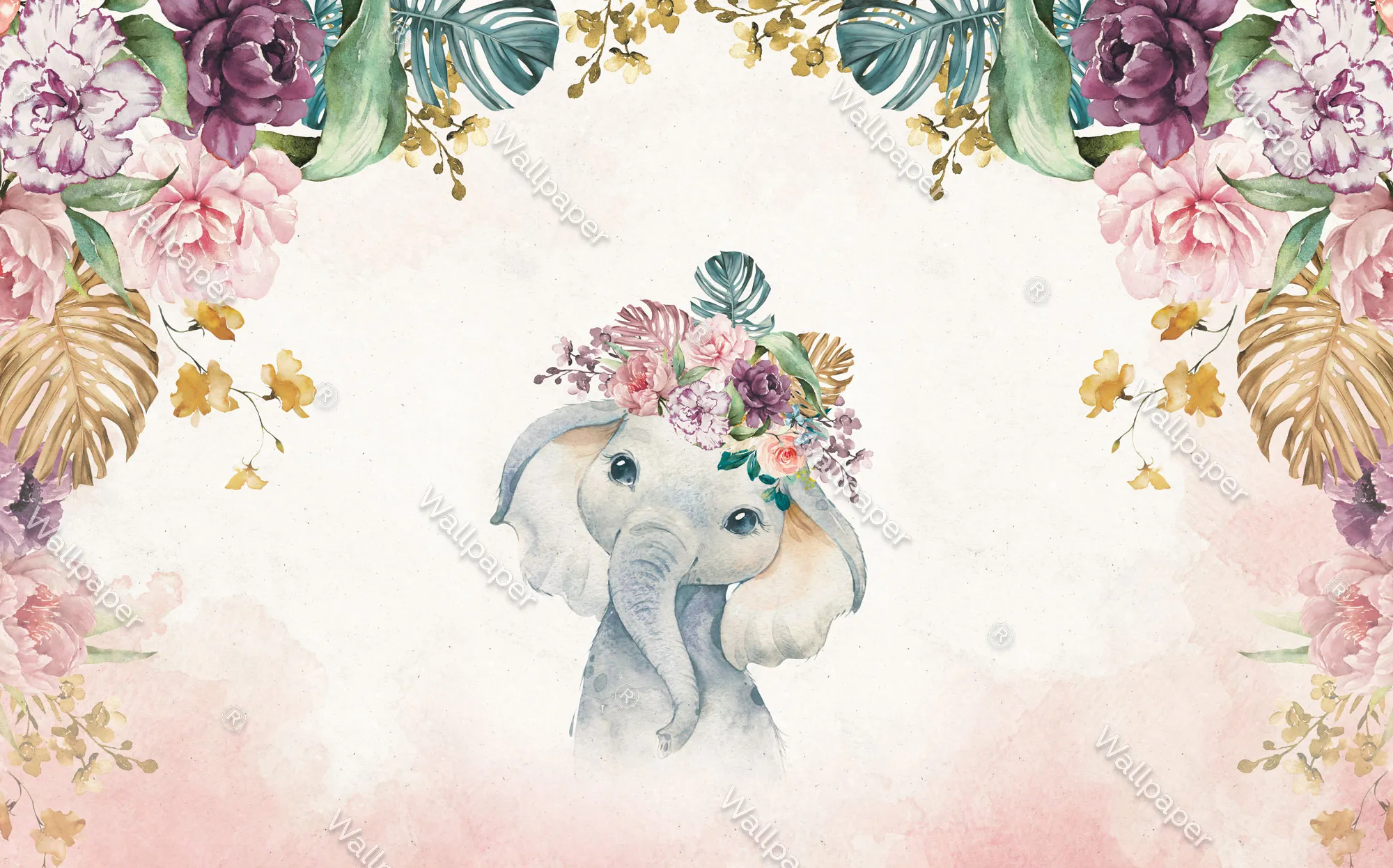 Floral Elephant – Cute Baby Elephant Wallpaper for Kids | Art Vision Decor