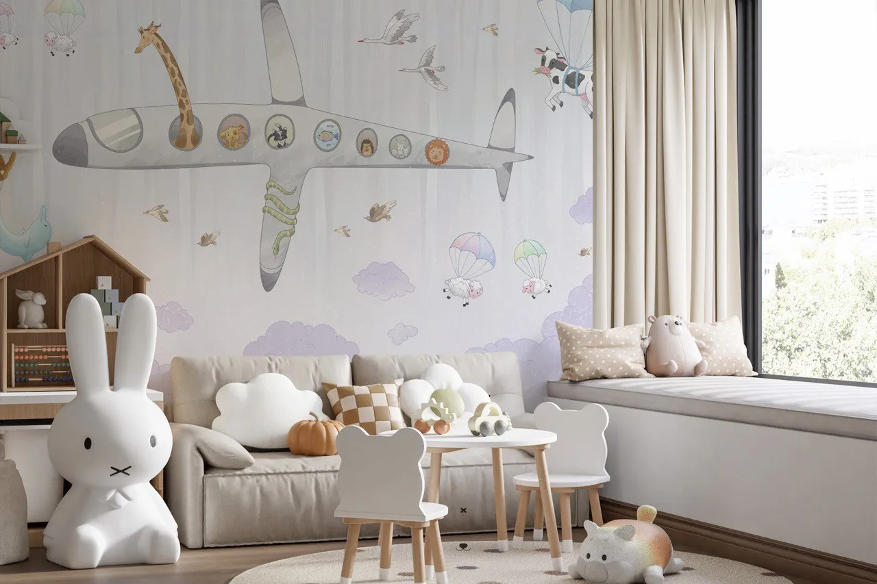 Aereo Kids Wallpaper – Whimsical Animal Airplane Mural for Nursery & Playroom