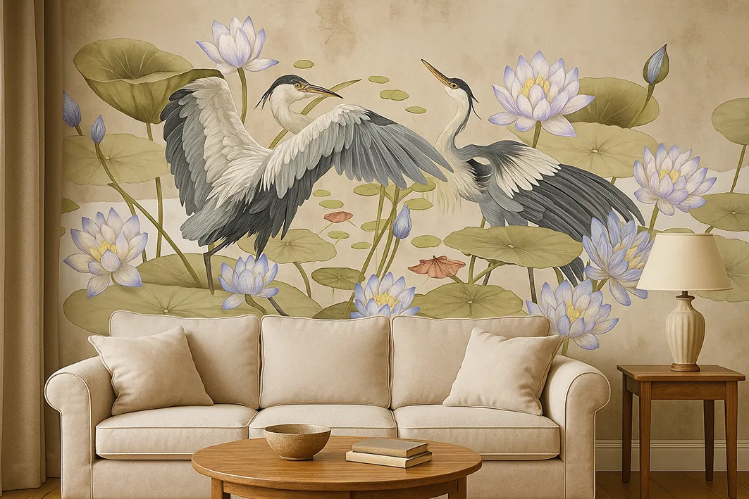 Harmony of Wings – Designer Wallpaper with Herons and Water Lilies