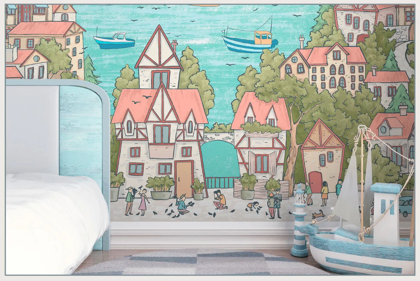 Sailing Town – Kids Wallpaper with Seaside Landscape and Sailboats | Art Vision Decor