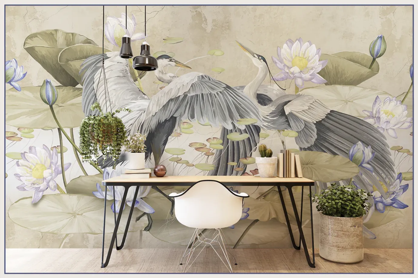 Harmony of Wings – Designer Wallpaper with Herons and Water Lilies