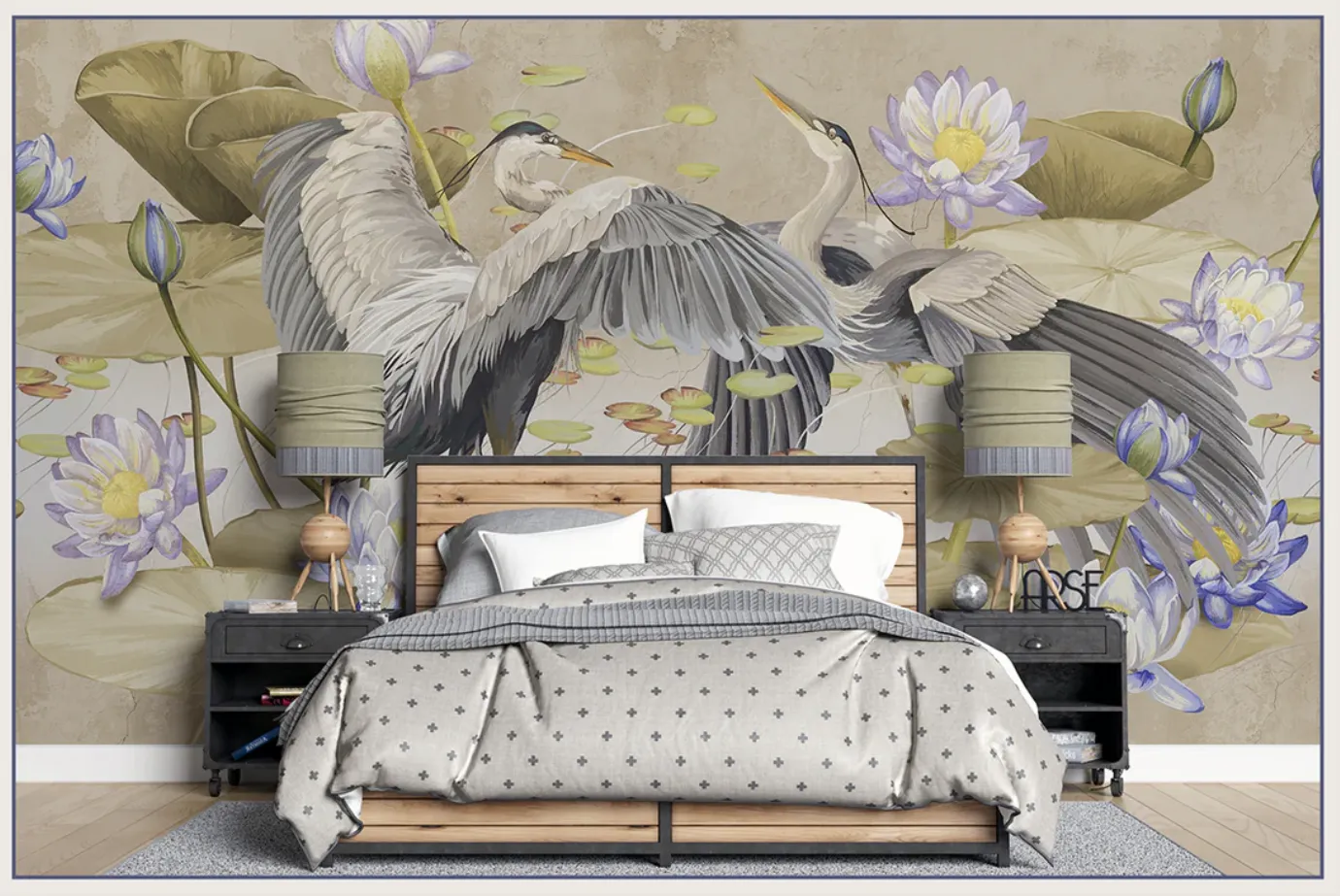 Harmony of Wings – Designer Wallpaper with Herons and Water Lilies