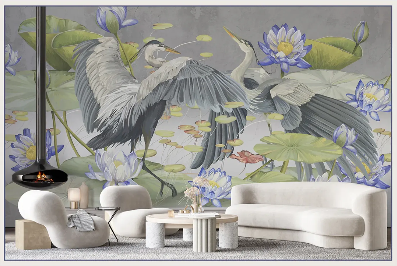 Harmony of Wings – Designer Wallpaper with Herons and Water Lilies