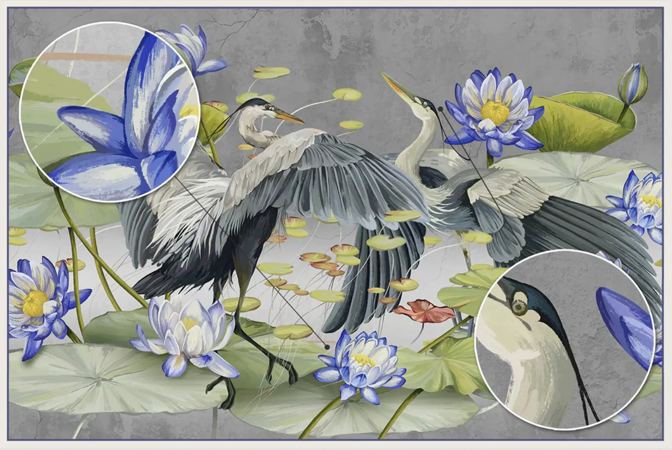 Harmony of Wings – Designer Wallpaper with Herons and Water Lilies