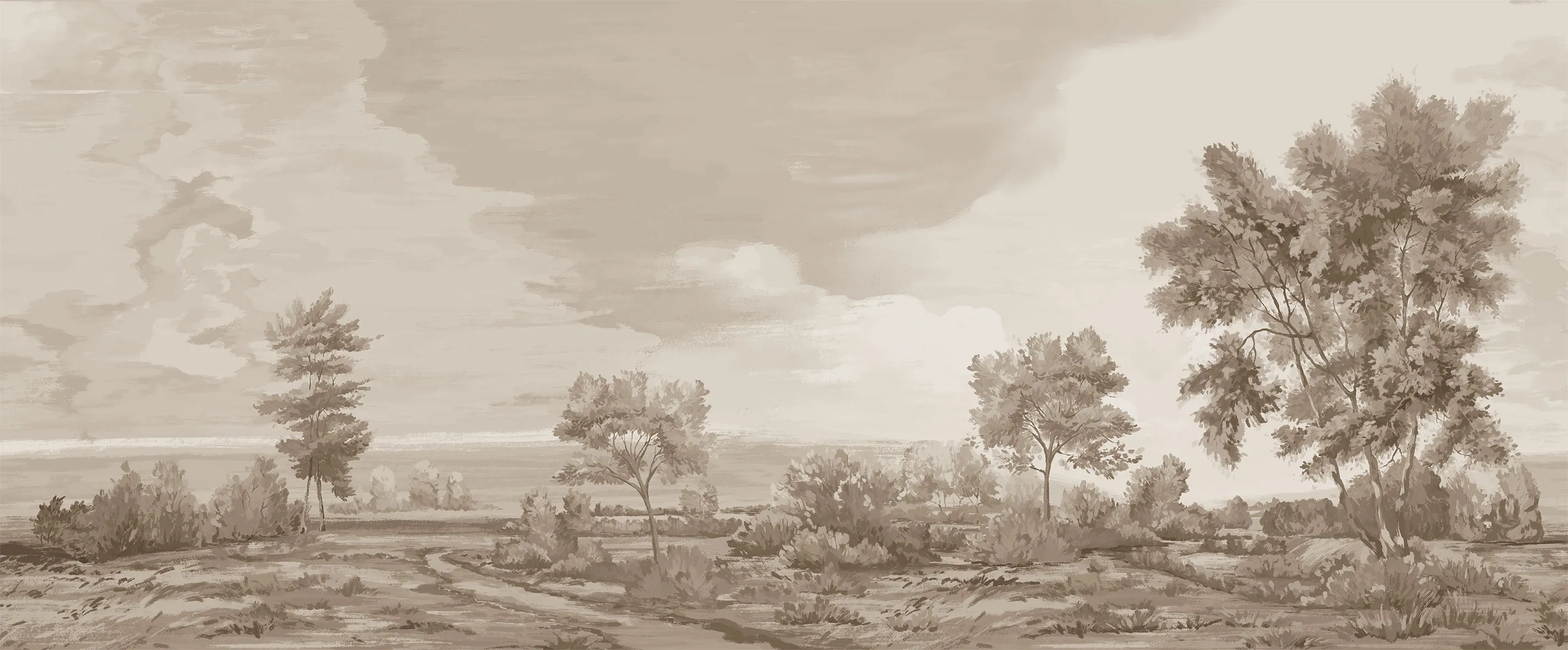Breath of Mist Custom Scenic Wallpaper | Sepia Landscape Wall Mural from Art Vision Decor