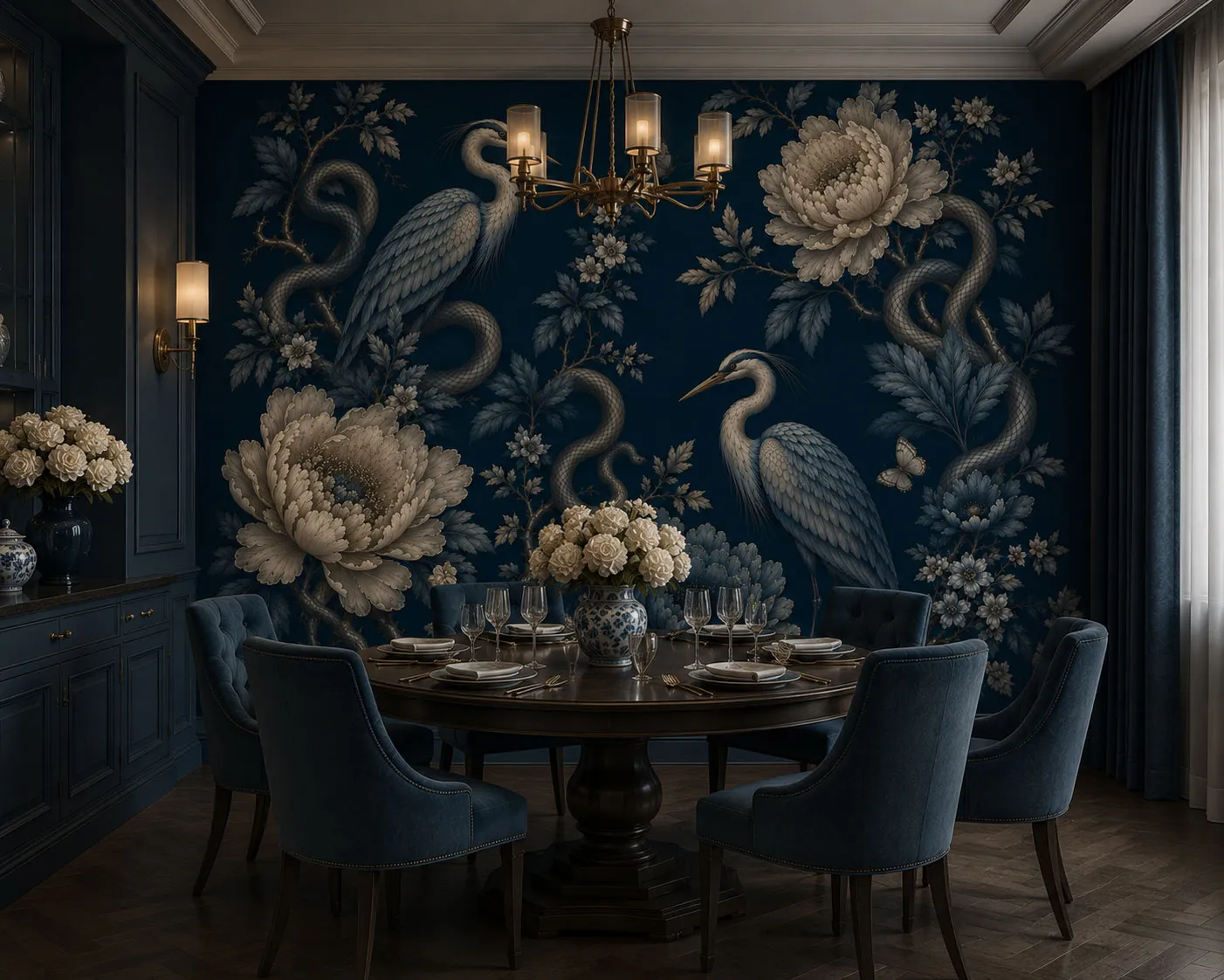 Virelia Luxury Chinoiserie Wallpaper Mural | Custom Navy Blue Heron & Peony Wall Mural