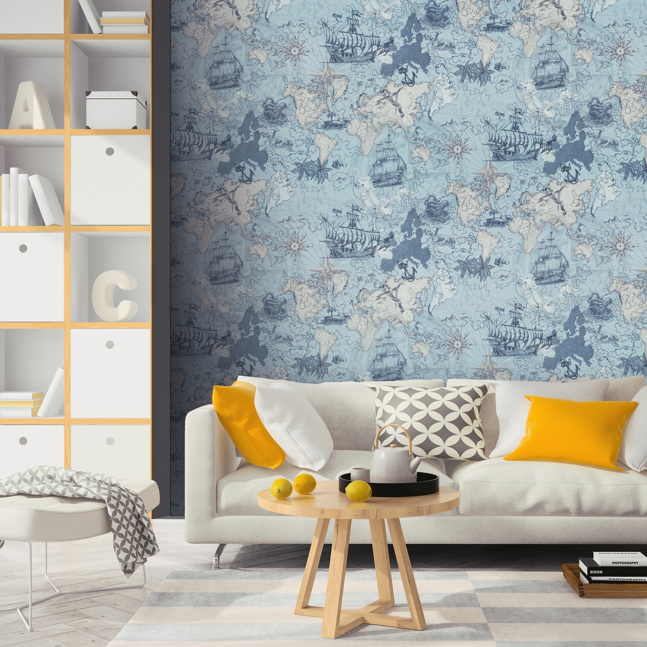 Hot Embossed wallpaper on Non-Woven Base Vinil Odyssey SHT 5-1539 Blue-Beige 10,05 x 1,06 m